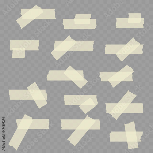 Realistic Set of Beige Adhesive Tape Pieces on Transparent Background. Vector