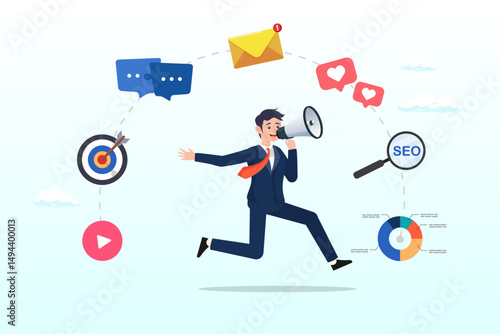 Man speak on megaphone with marketing elements, marketing strategy, communication for online website, social media or market research, advertising, seo optimisation or marketing campaign concept