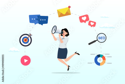 Woman speak on megaphone with marketing elements, marketing strategy, communication for online website, social media or market research, advertising, seo optimisation or marketing campaign concept