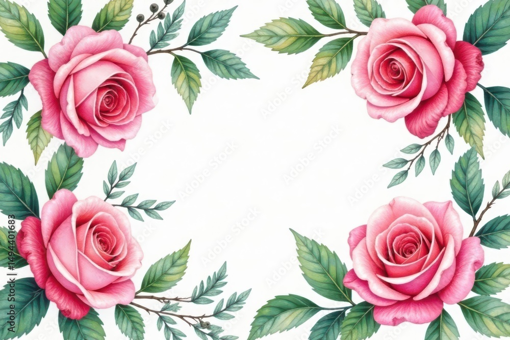 Intricate watercolor roses & leaves, soft hues, flower pattern, background Intricate watercolor roses & leaves, soft hues, flower pattern, background
