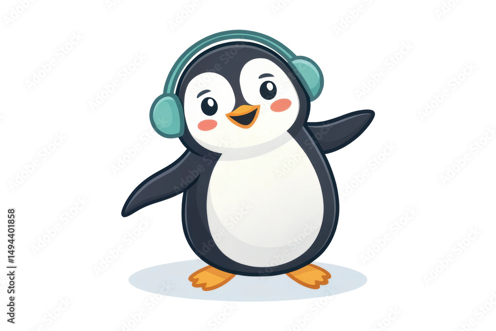 Fototapeta premium PNG Cute cartoon penguin with headphones: adorable animal music lover illustration