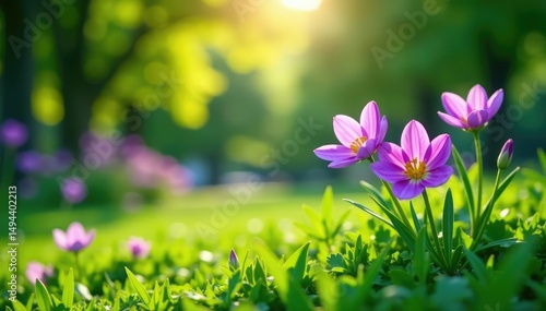 Vibrant purple flowers blooming in a lush green park , environment, flowering plants