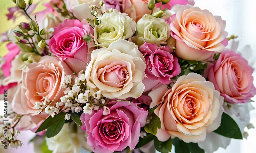 Floral Rose Bouquet in Pastel Pinks Peach and White Blooms with Soft Bokeh Background for Wedding Themes Floral Rose Bouquet in Pastel Pinks Peach and White Blooms with Soft Bokeh Background for Wedding Themes