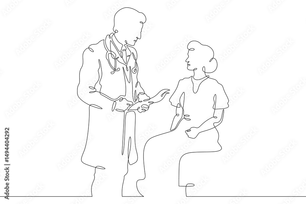Continuous one line drawing doctor with a patient. The attending physician shows the sick patient documents. The doctor is a man and a woman.One continuous line isolated minimal illustration.Not AI. Continuous one line drawing doctor with a patient. The attending physician shows the sick patient documents. The doctor is a man and a woman.One continuous line isolated minimal illustration.Not AI.