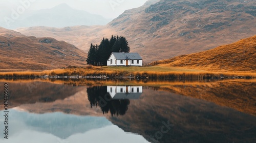 Scenic Scottish Highlands Landscape with House Reflection on Lake