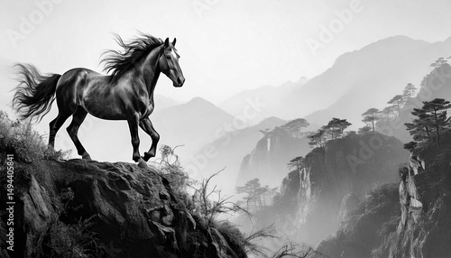絶壁に立つ馬,Generative AI,AI画像