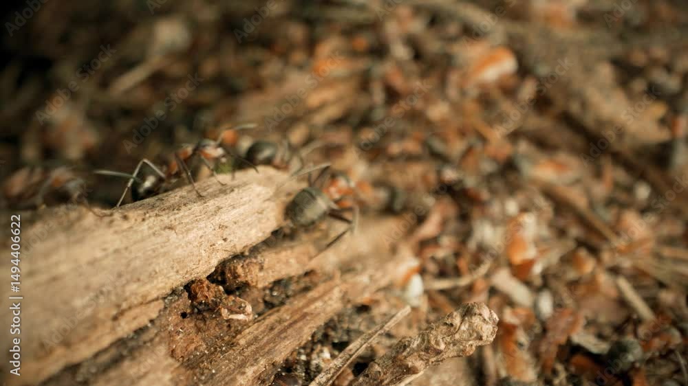 Macro view of red wood ants (Formica rufa) on a woodland floor. Macro view of red wood ants (Formica rufa) on a woodland floor.