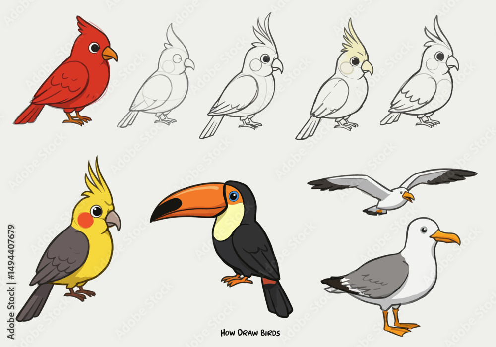 Obraz premium Cartoon Birds Cardinal Cockatiels Toucan and Seagulls in Various Stages of Completion