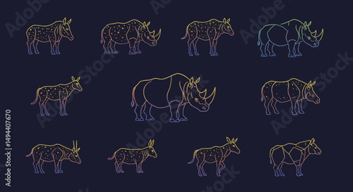 Celestial Safari Gradient Line Art of Rhinos and Extinct Mammals
