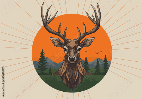 Geometric Deer Portrait with Antlers Mountain Backdrop and Flying Birds