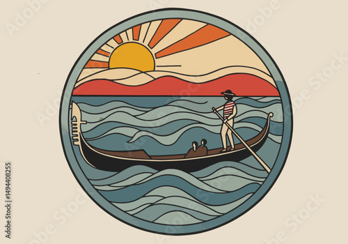 Gondolier Rowing a Gondola with Passengers at Sunset on Water