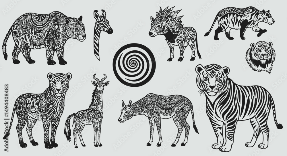 Obraz premium Ornate Black and White Animal Illustrations with Intricate Patterns and a Spiral
