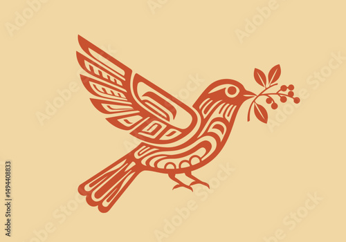 Stylized Bird in Flight with Berry Branch Indigenous Art Inspired Design