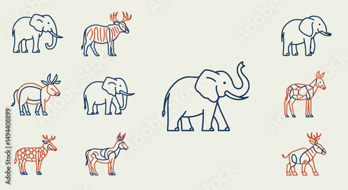 Stylized Elephant and Antelope Line Art in Navy and Rust Palette