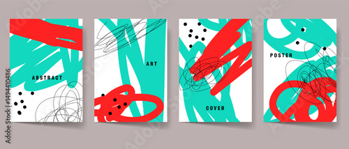 Modern abstract art cover template set. Maximalism poster collection. Creative blue and red modern art for print. Scribble contemporary pattern graphics