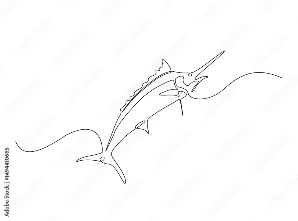 Obraz premium Marlin fish single outline illustration. Continuous line art drawing of marlin fish. Editable stroke.