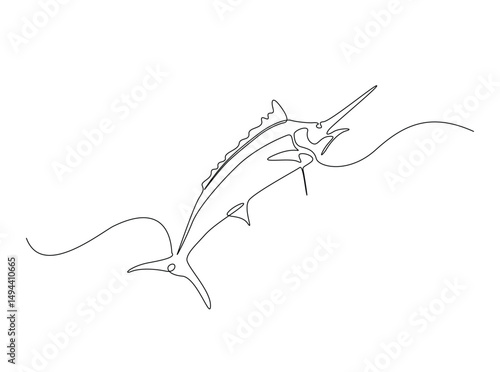 Marlin fish single outline illustration. Continuous line art drawing of marlin fish. Editable stroke.