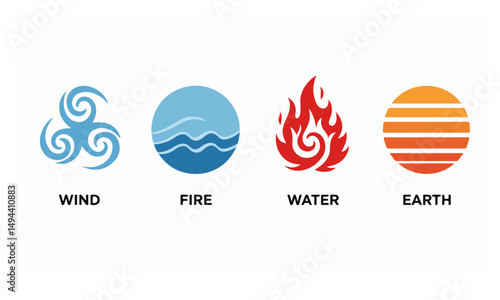 Four Elements Icon Set – Wind, Fire, Water, Earth Symbols in Flat Style