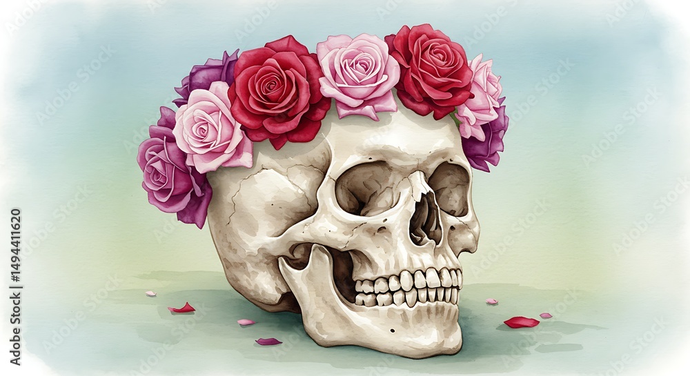 Naklejka premium Sugar Skull with Rose Wreath A Day of the Dead Inspired Illustration