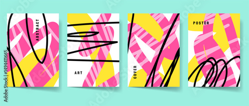 Modern abstract art cover template set. Maximalism poster collection. Creative pink and yellow modern art for print. Scribble contemporary pattern graphics