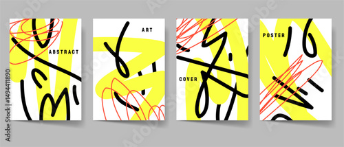 Modern abstract art cover template set. Maximalism poster collection. Creative yellow modern art for print. Scribble contemporary pattern graphics