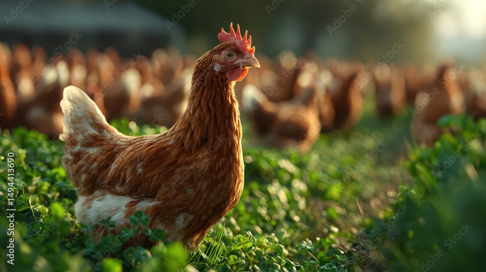 Fototapeta premium free range chickens roaming green farm field at sunrise