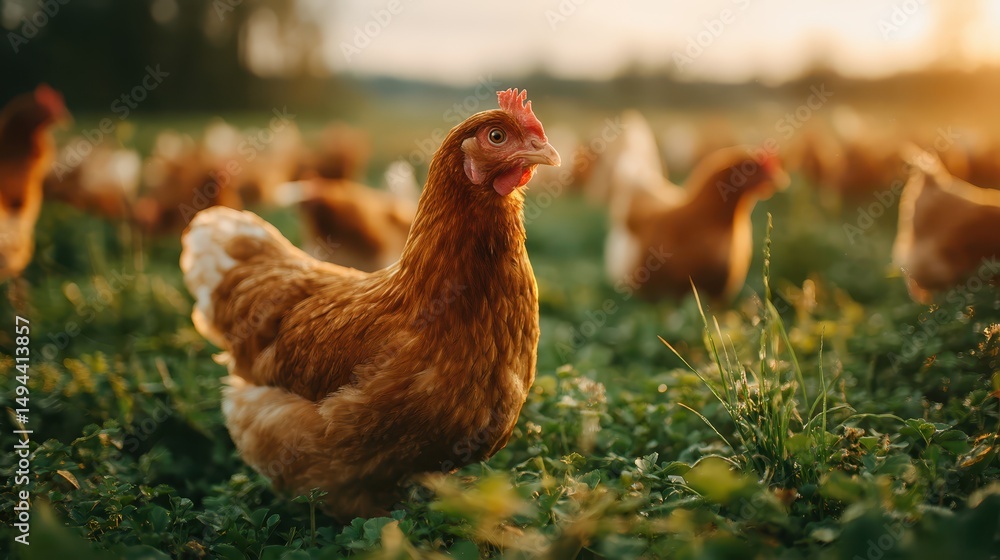Fototapeta premium Free Range Chickens Grazing in a Green Pasture at Sunset