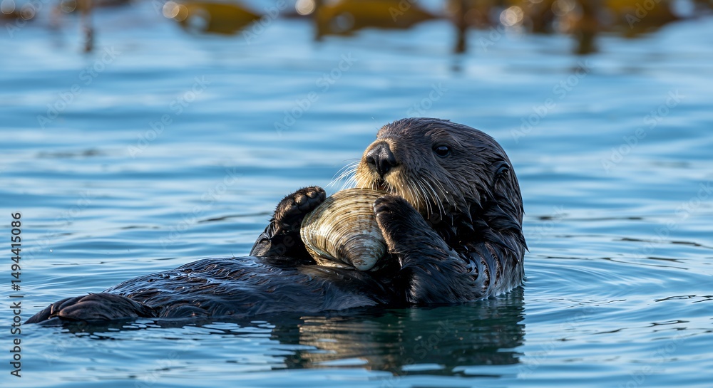 Fototapeta premium Sea Otter Enjoying a Clam in Calm Waters