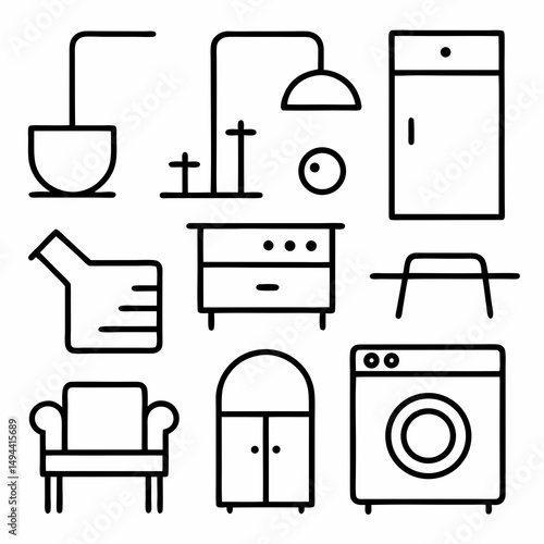 Line art icons of home furnishings and appliances