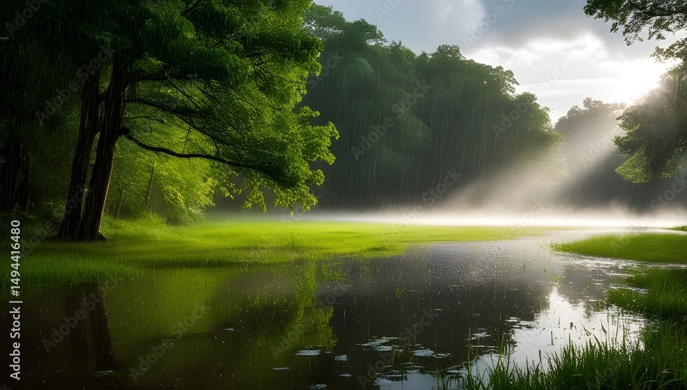 Raindrops Sparkling on Leaves in Forest Landscape Raindrops Sparkling on Leaves in Forest Landscape