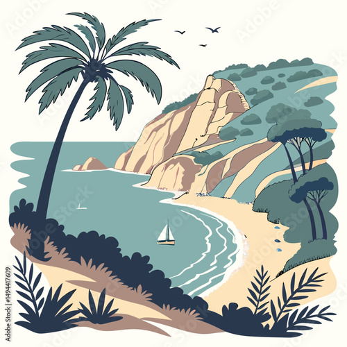 Serene coastal landscape palm trees ocean sailboat cliffs beach