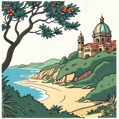 Coastal church scenic view oceanside building landscape illustration