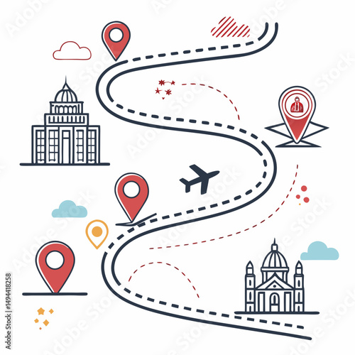 Travel route map itinerary journey plan destination landmarks airplane