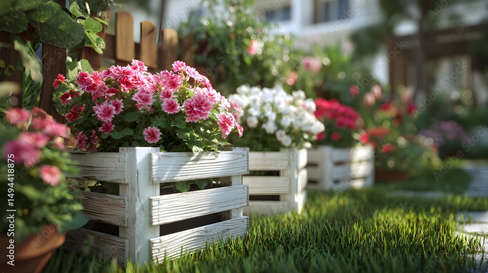 custom made wallpaper toronto digitalBlühende Gartenblumen in weißen Holzkisten auf grünem Rasen vor Haus
