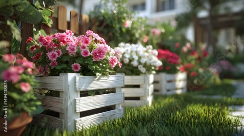 Wallpaper Mural Blühende Gartenblumen in weißen Holzkisten auf grünem Rasen vor Haus
 Torontodigital.ca