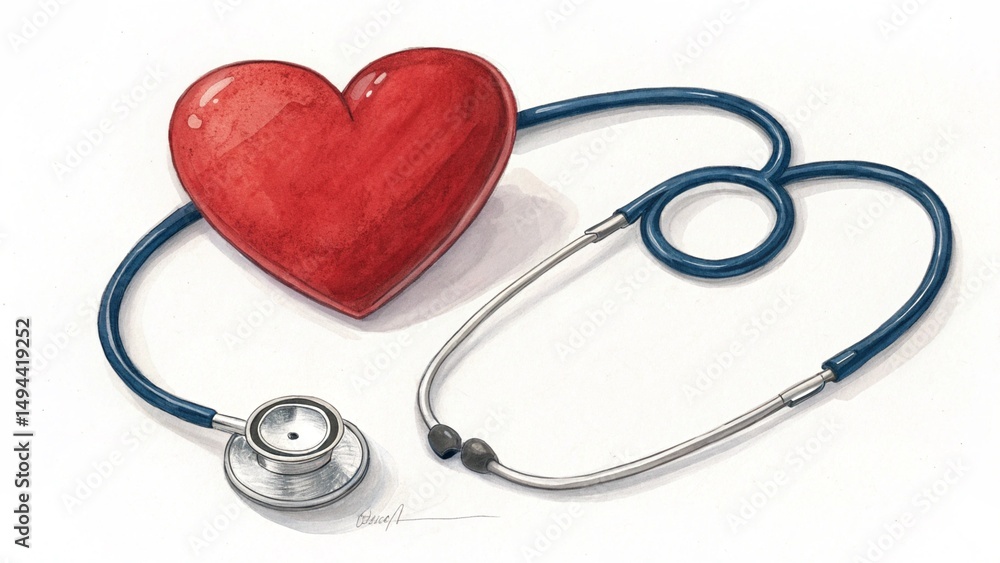 Symbolic Red Heart with Stethoscope Illustration for Heart Health Awareness and Medical Care Promotion in Wellness Campaigns Symbolic Red Heart with Stethoscope Illustration for Heart Health Awareness and Medical Care Promotion in Wellness Campaigns