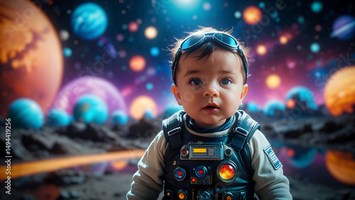 A little baby wearing space suit, astronaut, outer space, colorful planets and galaxies background