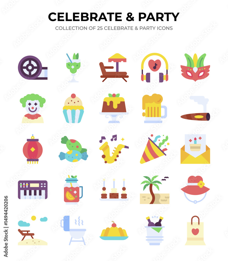 Fototapeta premium 25 Colorful Celebrate & Party Icons Collection