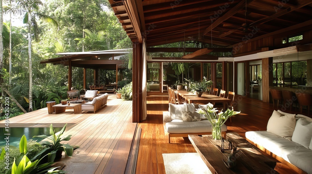 Fototapeta premium Luxurious wooden house open to nature, featuring pool, deck, dining, living areas, and lush greenery