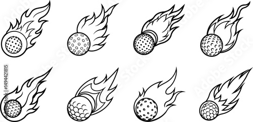 Set of flaming fast golf ball outline line art illustration, coloring book page