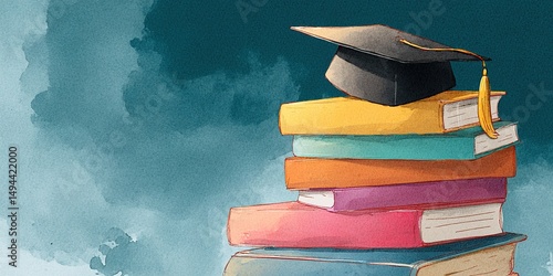 A vibrant watercolor style illustration of a graduation cap resting on a stack of colorful books, symbolizing achievement and the joy of learning. High quality