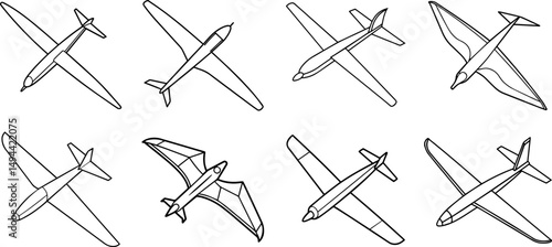 Set of glider outline line art illustration, coloring book page