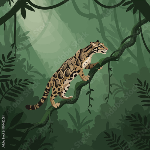 Spotted Cat Climbing Jungle Vine in Lush Green Forest Illustration