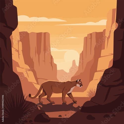 Cougar Walking Through a Canyon Landscape During Sunset Time
