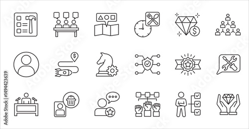 Business company and Management icon set. Contains symbol of success, data, reward, work, money, employee, businessman, target, finance, lunchtime, task, shop, meeting, education. Vector illustration