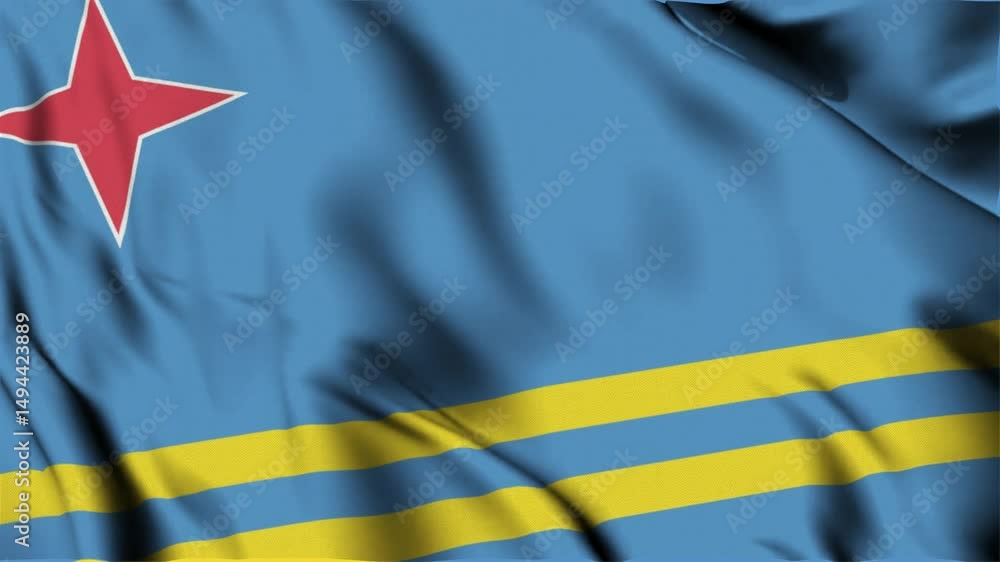 3D animation of the national flag of Aruba waving in slow motion. Close-up view with realistic fabric texture in 4K resolution. Ideal for Independence Day, patriotic videos, and national celebrations.