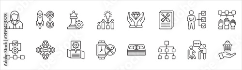 Business and management icon set. Contains symbol of businessman, target, finance, lunchtime, success, data, reward, work, money, employee, task, shop, meeting, education, idea. Vector illustration