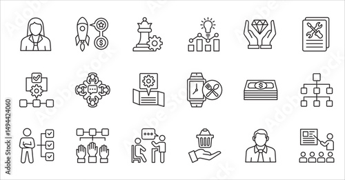 Business company and Management icon set. Contains symbol of success, data, reward, work, money, employee, businessman, target, finance, lunchtime, task, shop, meeting, education. Vector illustration