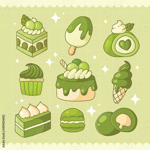 Collection of Cute Hand Drawn Green Dessert Sweet Food