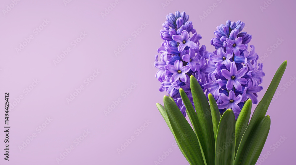 Fototapeta premium Vibrant photorealistic image of blooming hyacinths with lush green leaves against soft purple background, evoking sense